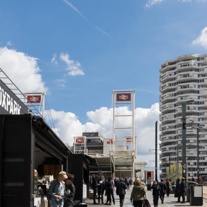A photograph of our Croydon hub located in the iconic One Croydon building. Boxpark and East Croydon station are also visible.